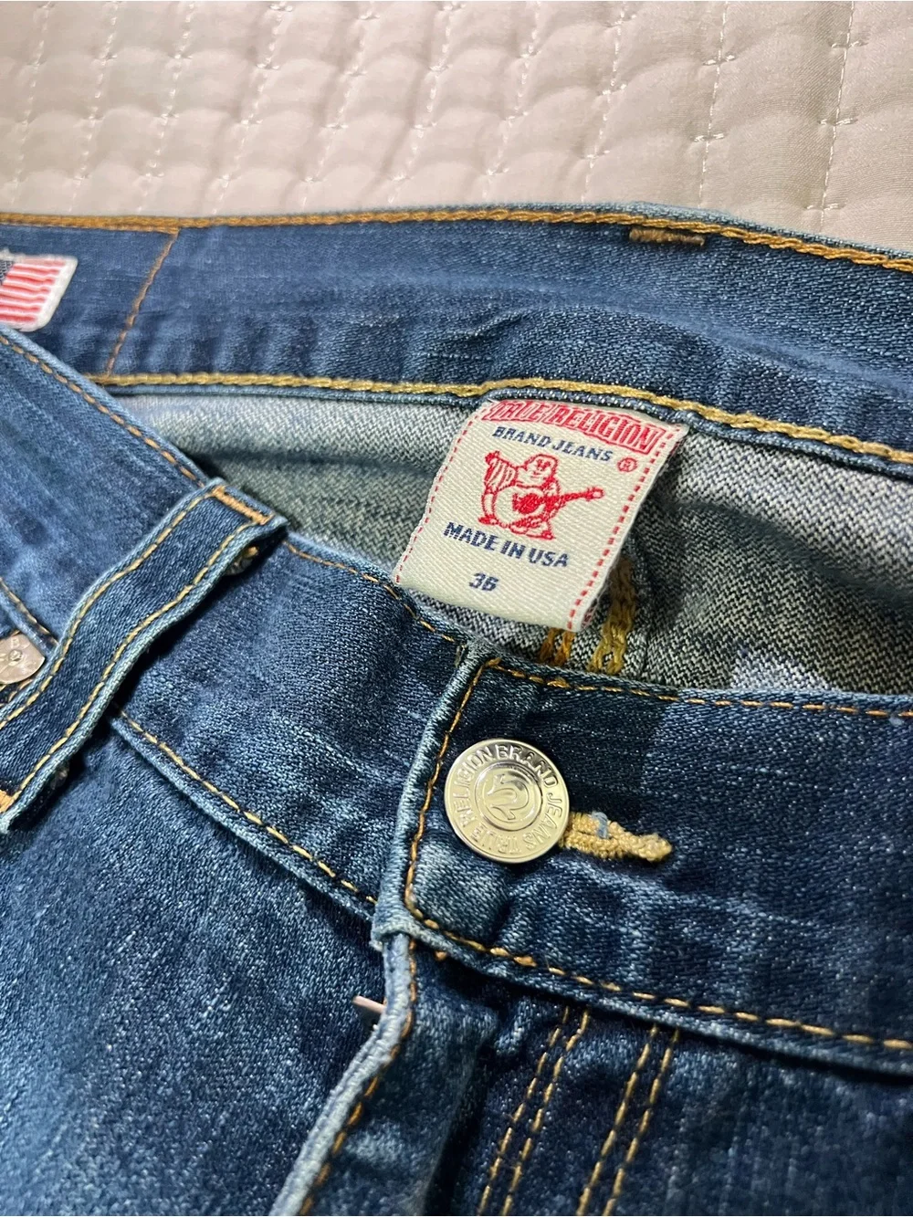 True Religion Men's USA Made Dark Blue Denim Bootcut Jeans with Gold Stitching